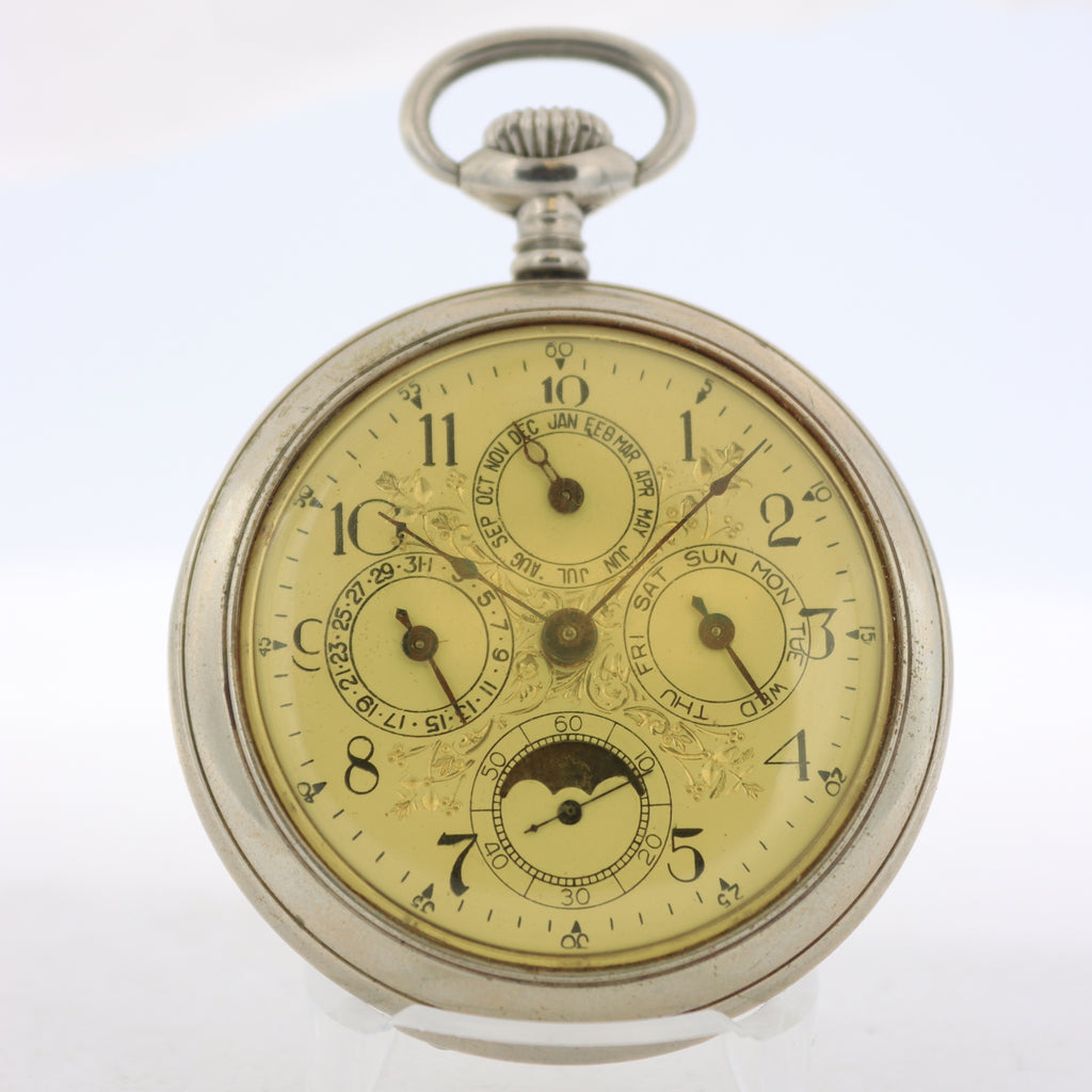 Antique 16s Hasler & Fils Triple Date Moonphase Mechanical Pocket Watch Nickel