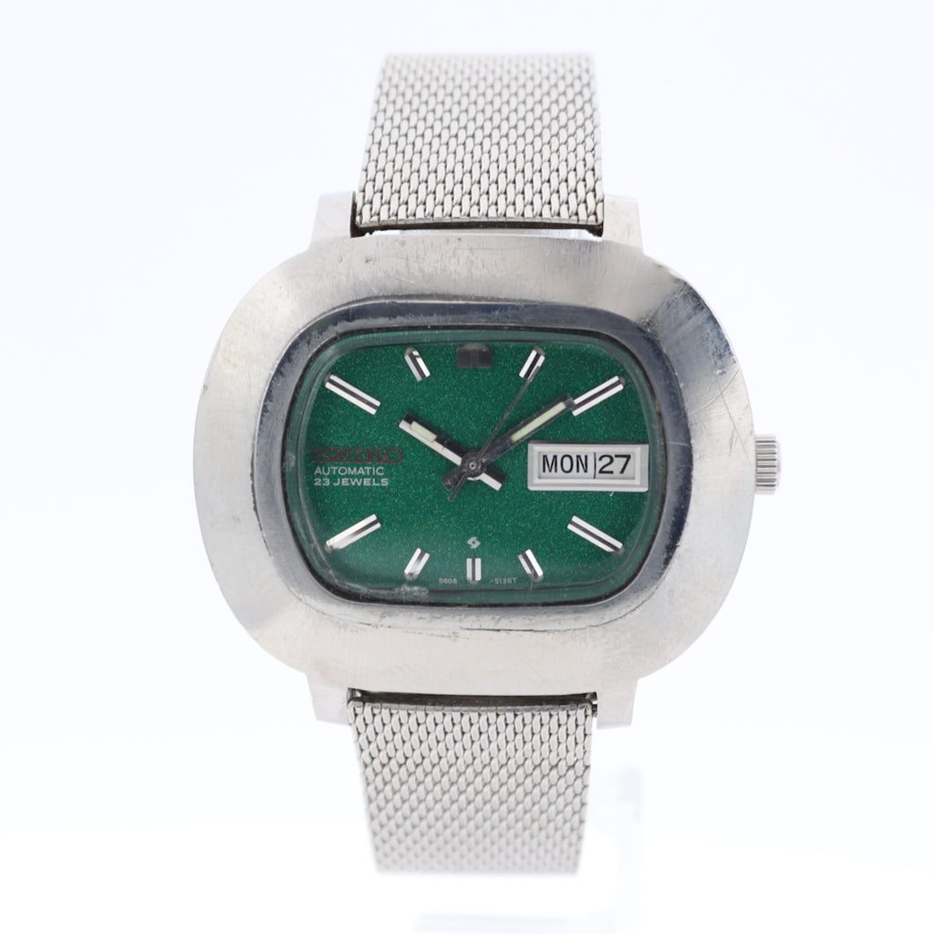 Vintage 40mm Seiko 5606-5128T Green 23j Men's Automatic Wristwatch 149122 Japan