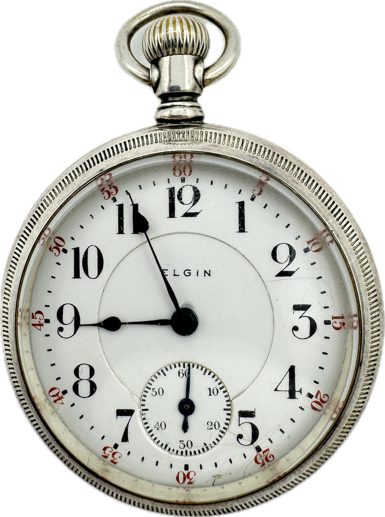 Antique 18S Elgin Gold Gilt Stag Open Face Pocket Watch 240 Sterling Silver