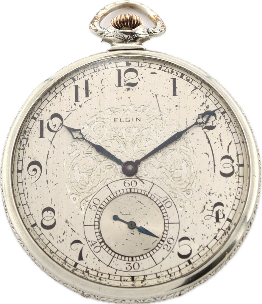 Antique 12 Size Elgin Mechanical Open Face Pocket Watch 479 White Gold Filled