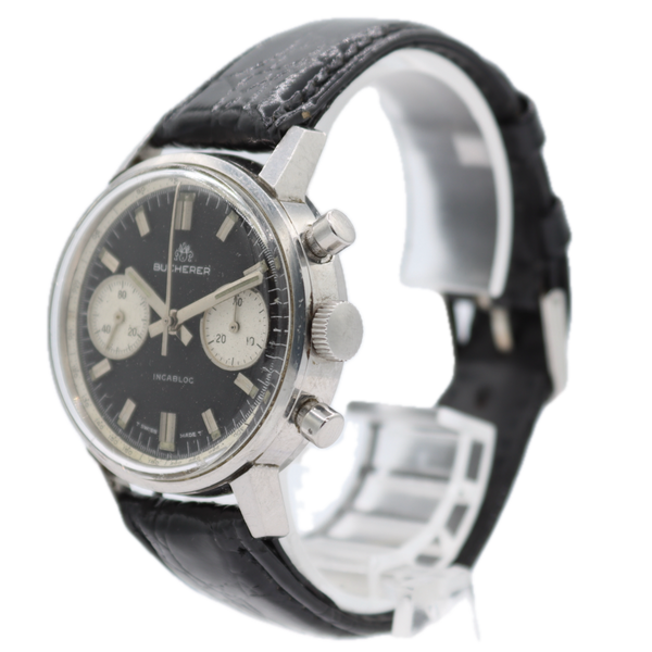 Vintage 35.5mm Bucherer Reverse Panda Dial Men's Chronograph Wristwatch Steel