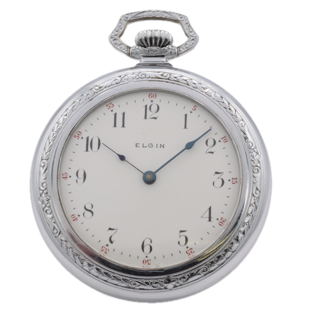 Antique 6s 1911 Elgin Art Deco Mechanical Pocket Watch Pinstripped Chrome Plated