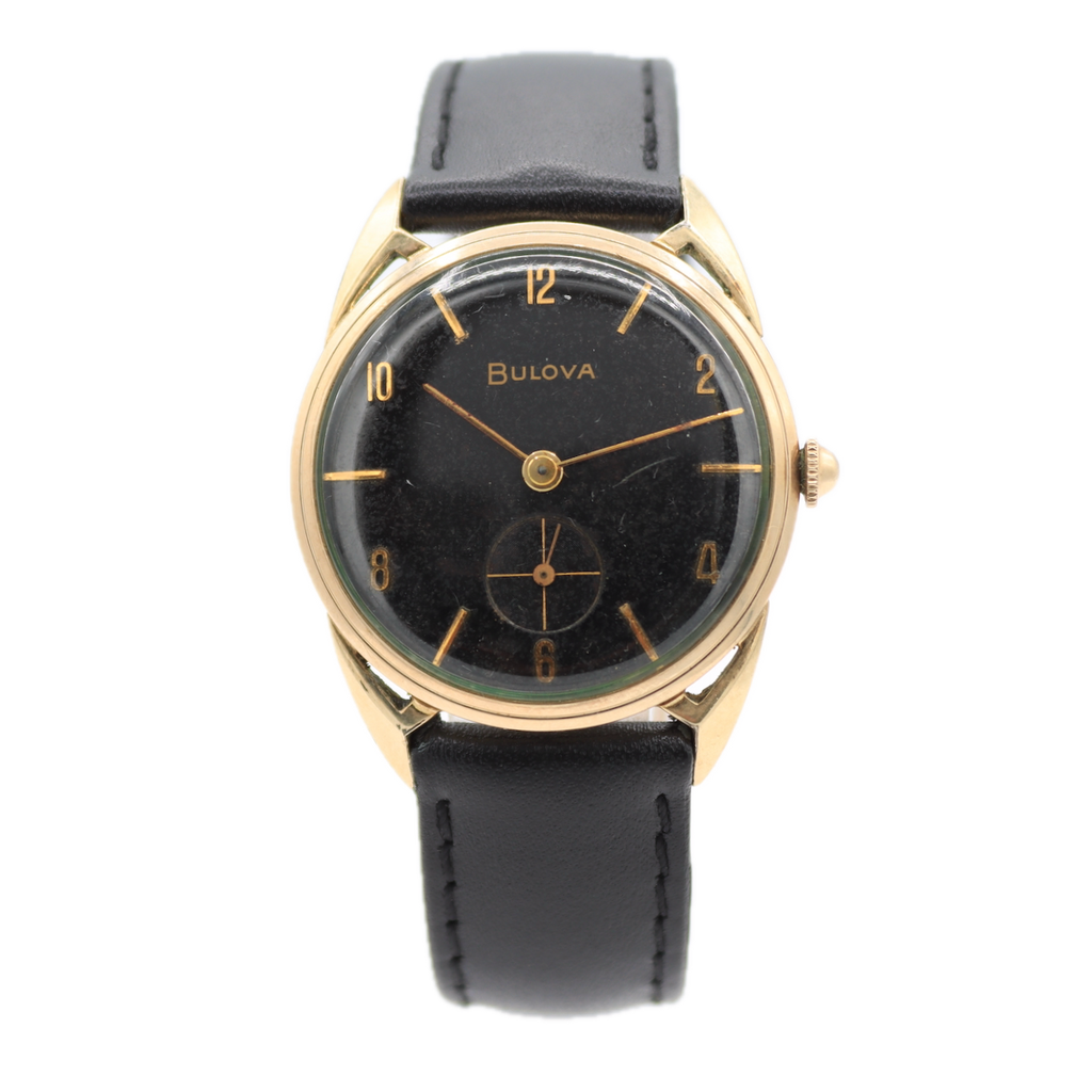 Vintage 32mm Bulova Black Dial Hollow Lug Men's Mechanical Wristwatch 10k RGP