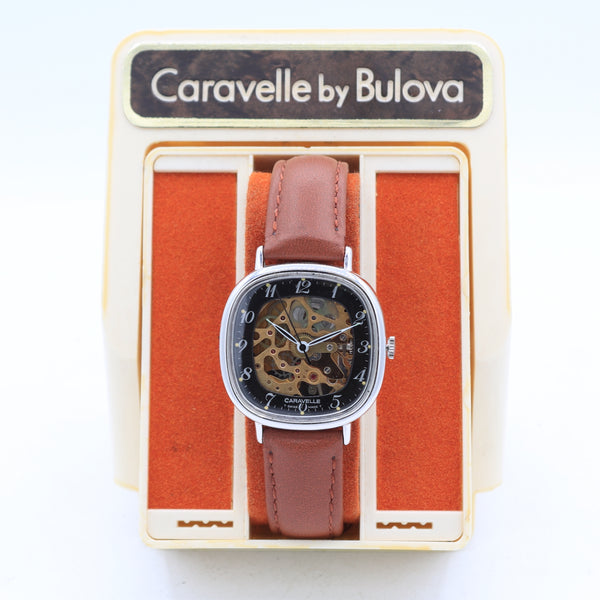 Vintage 33mm Caravelle NR8224/1 Skeleton Men's Mechanical Wristwatch Chrome