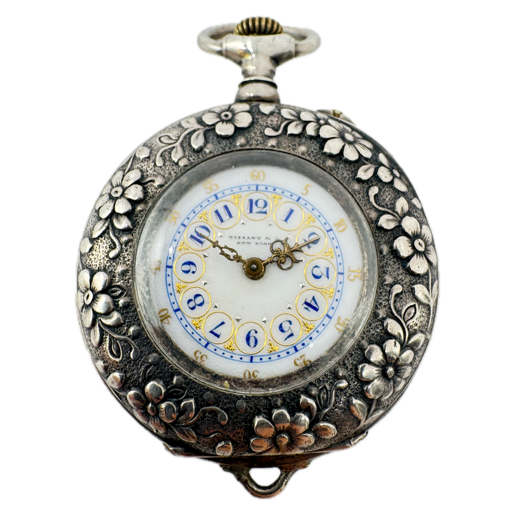 Antique Tiffany & Co. Multicolor w Repousse Flower Case Pocket Watch Sterling