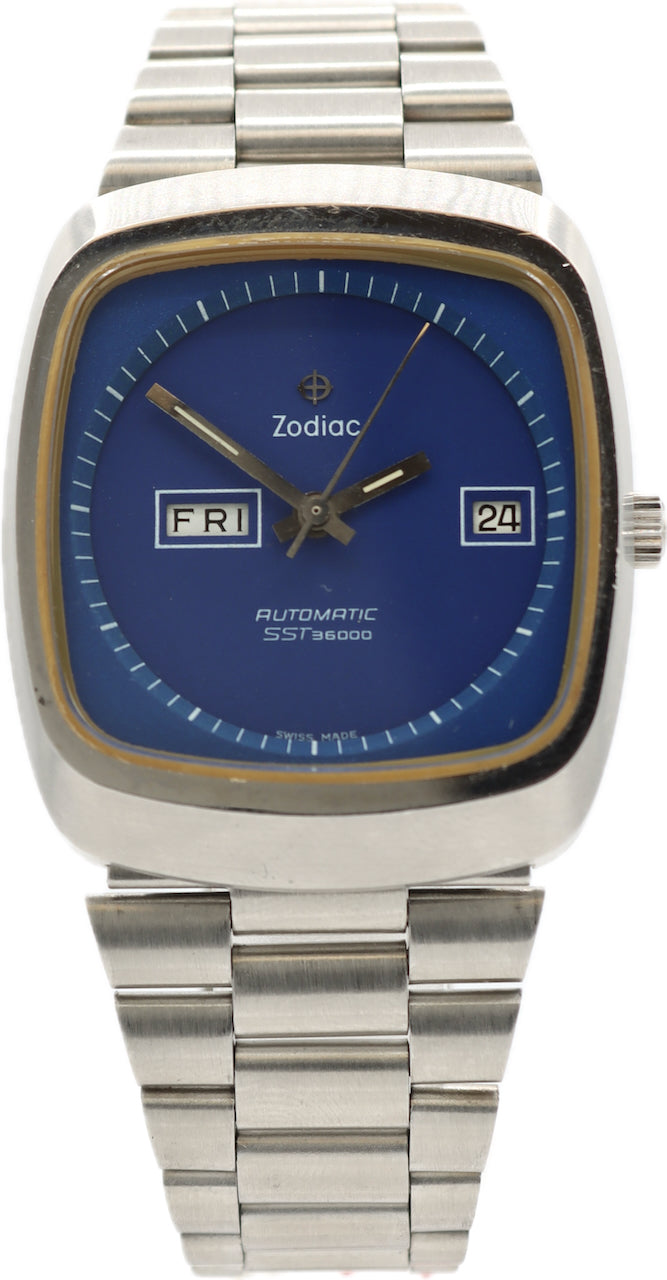 Vintage 35mm Zodiac Day Date SST 36000 Men s Automatic Wristwatch Stee thewatchpreserve