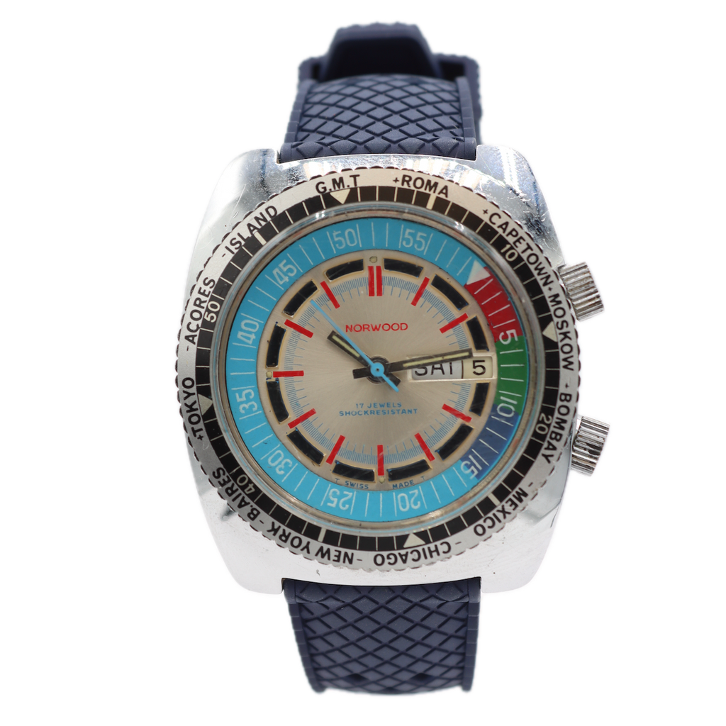 Vintage 40mm Norwood World Time Diver Men's Mechanical Wristwatch 1817 Swiss