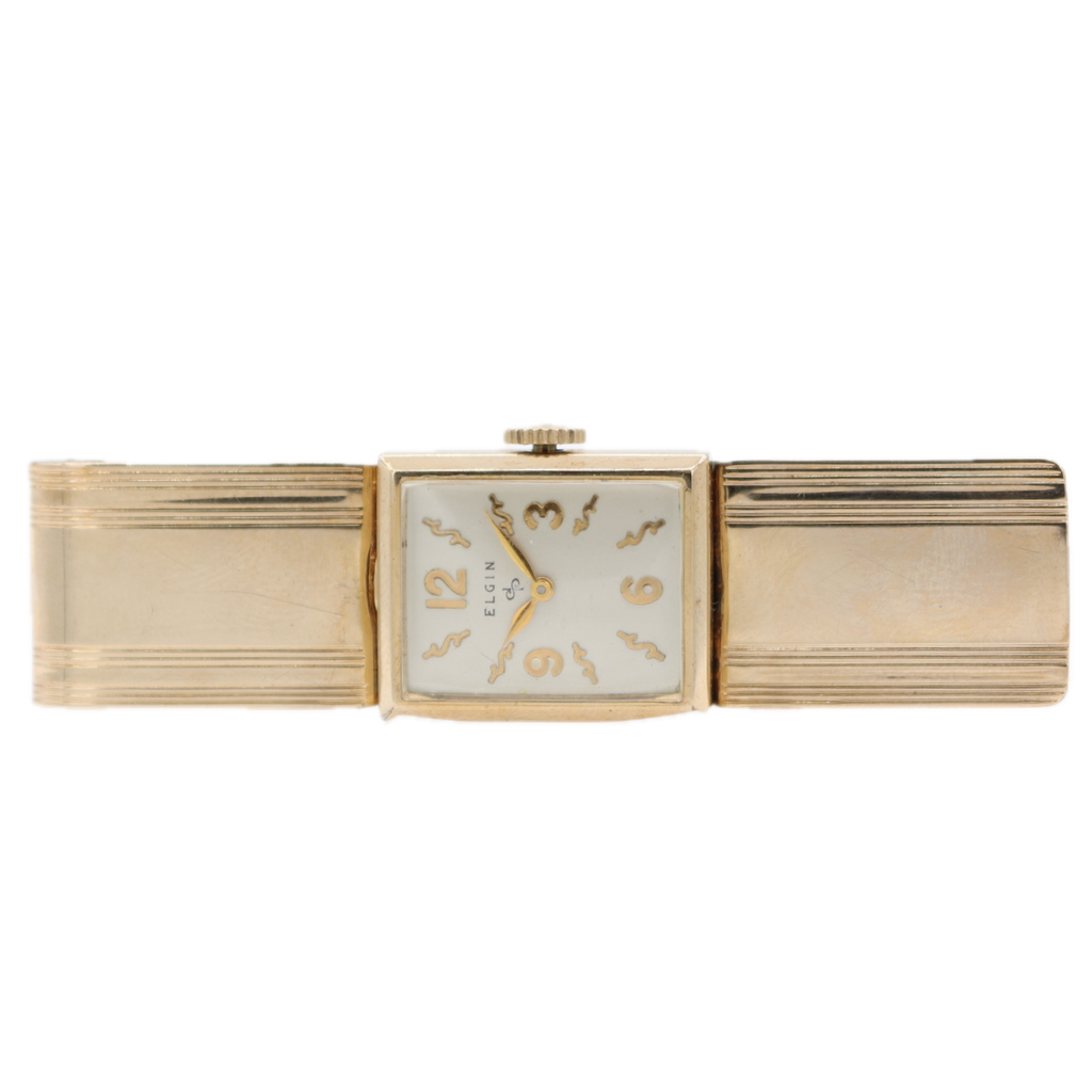 Vintage 1951 Elgin 6312 White Dial 17J Mechanical Money Clip Watch 662 10k GF