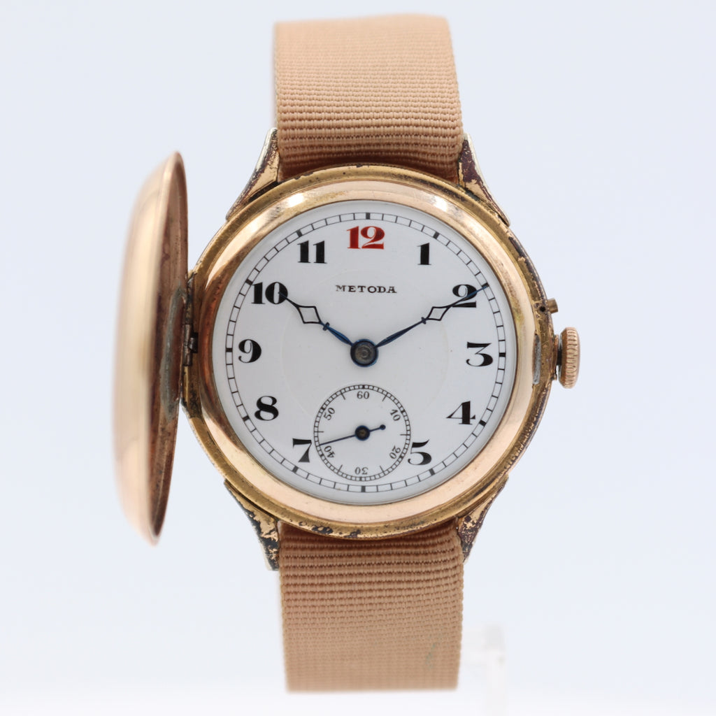 Vintage 35.5mm Metoda Hunter Case Men's Mechanical Wristwatch Swiss Gold Plated