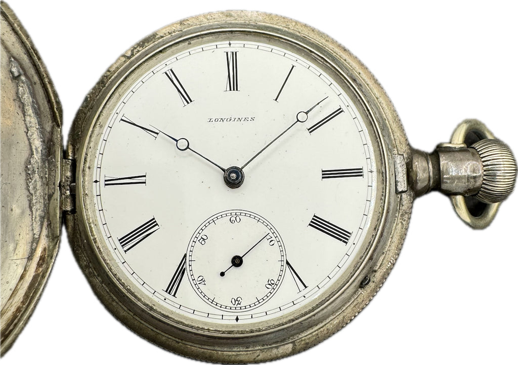 Antique Longines Coin Center Mechanical Hunter Pocket Watch Sterling Silver
