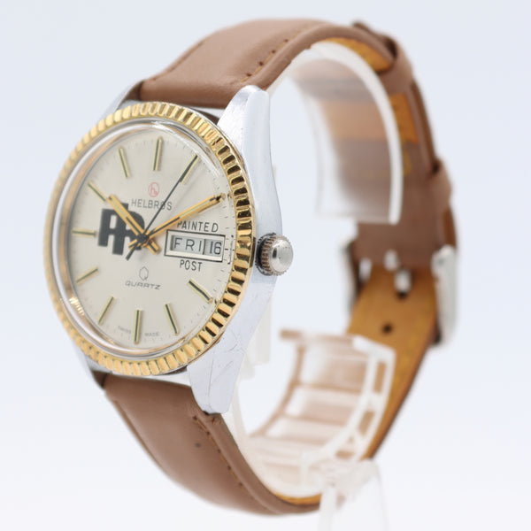 Vintage Helbros Day Date Painted Post Logo Men's Quartz Wristwatch Two ToneRuns