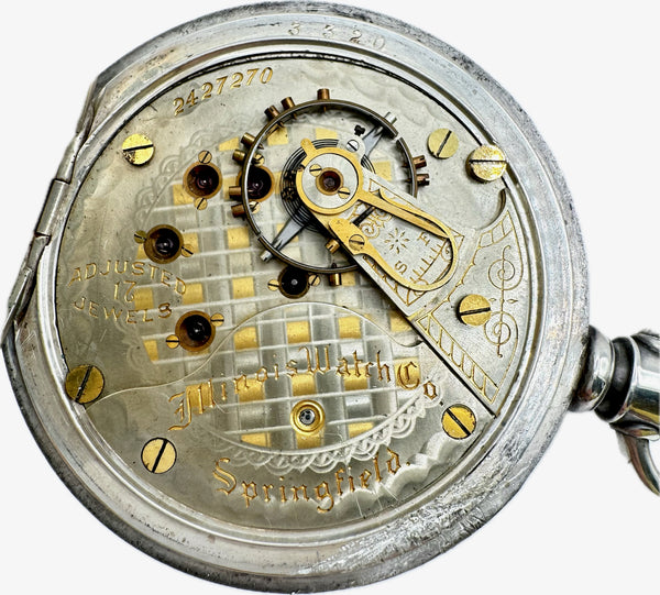 Antique 18 Size Illinois Checkerboard Two-Tone Pocket Watch 89 Sterling Silver