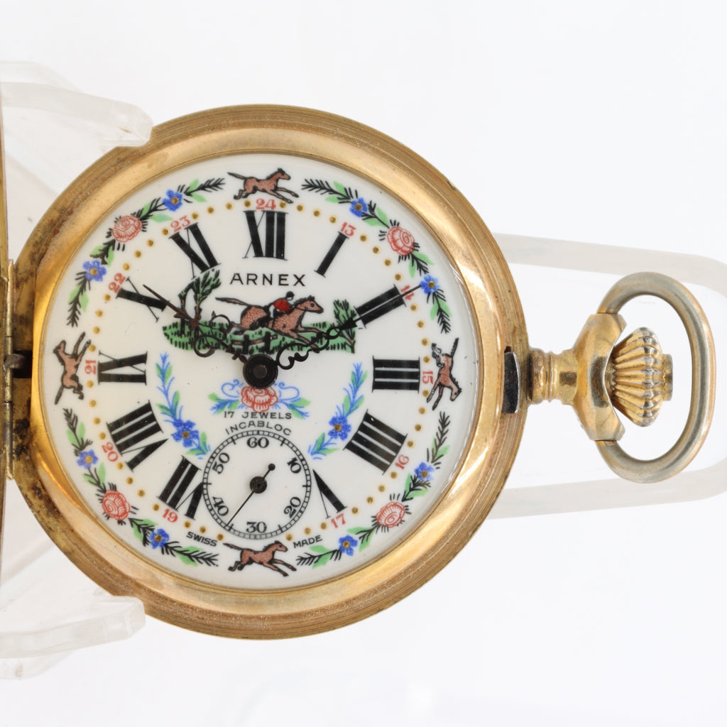 Vintage Arnex Equestrian Mechanical Hunter Pocket Watch Unitas 6498 Gold Tone