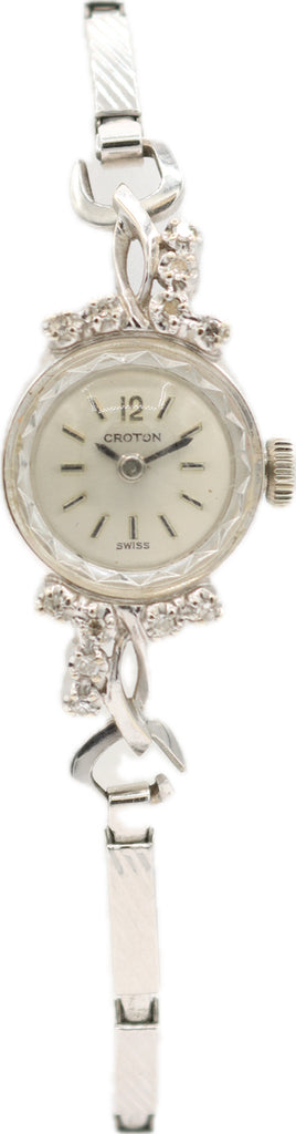 Vintage 14mm Croton Ladies Mechanical Wristwatch Diamonds Swiss 14k Gold White