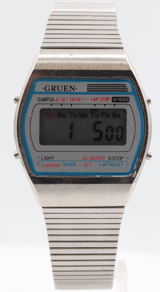 Vintage Gruen Alarm Chrono Men's Quartz LCD Wristwatch Hong Kong Steel & Chrome