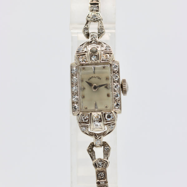 Vintage Hamilton Ladies Mechanical Wristwatch 14k White Gold 1 Carat Diamonds