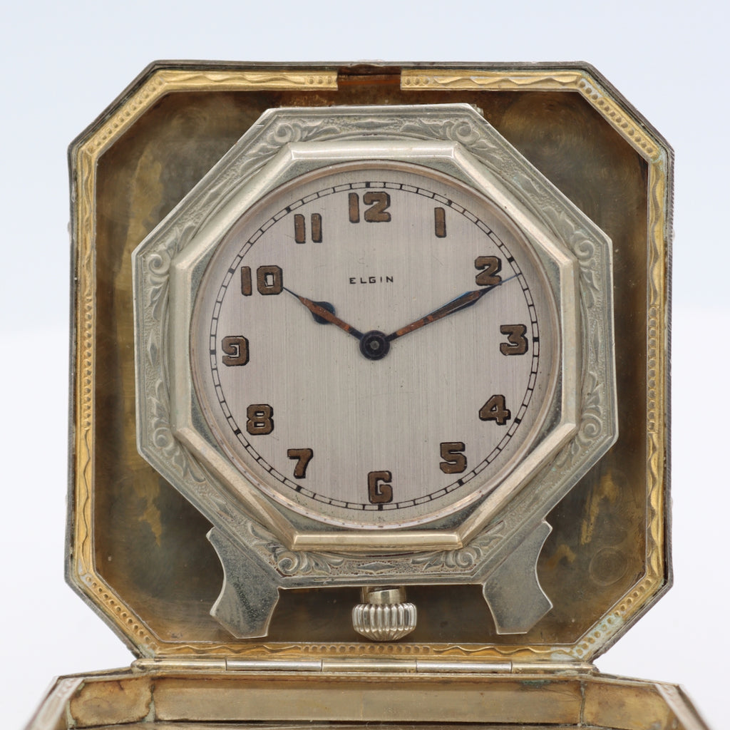Antique 1928 Elgin Mechanical Travel Clock 303 Spartan Case Sterling Silver