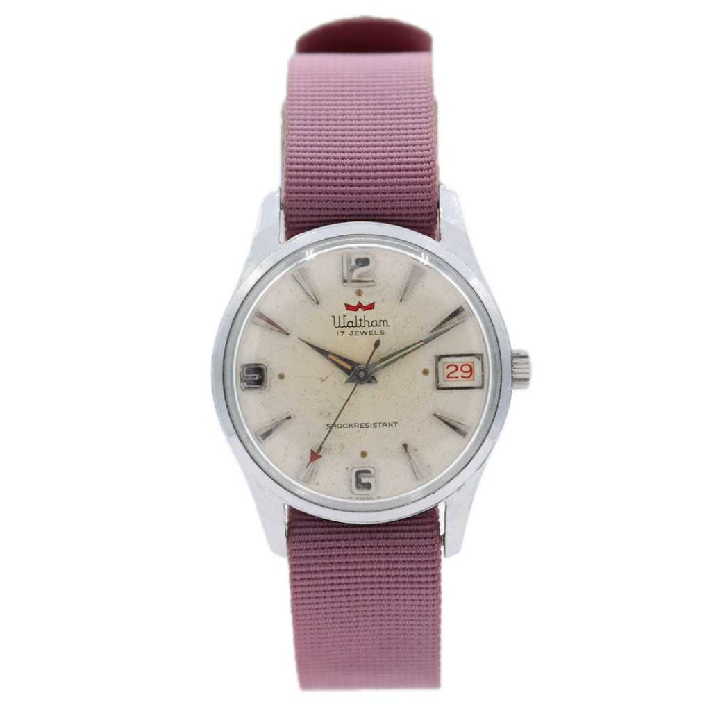 Vintage Waltham Red Pointer Date Men's Mechanical Wristwatch Swiss Chrome Plated