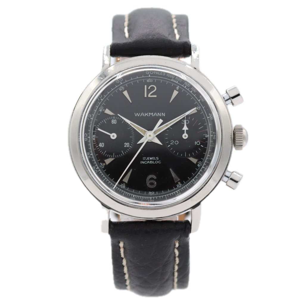 Vintage Wakmann Black Dial Men's Chronograph Wristwatch Venus 188 France Steel