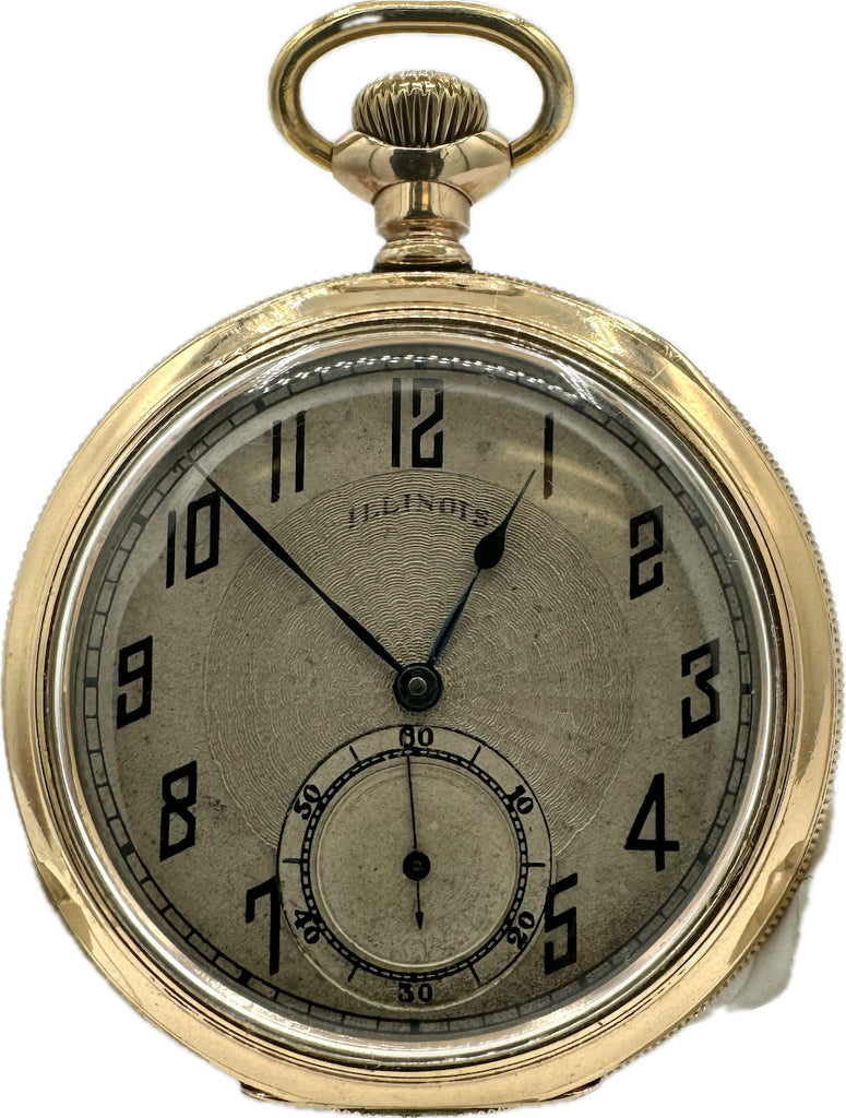 Antique 12S Illinois Mechanical Pocket Watch 415 14k GF Guilloche & Coin Center