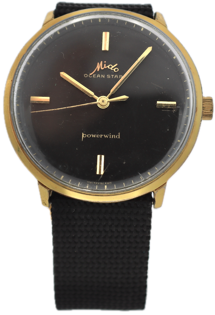 Vintage Mido Black Ocean Star Men's Automatic Wristwatch Swiss Gold Plated
