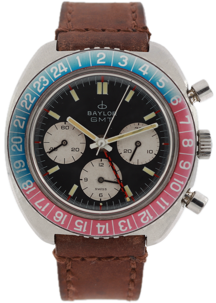 Vintage Baylor 4213 Pepsi GMT Men's Chronograph Wristwatch Valj 724 Swiss Steel