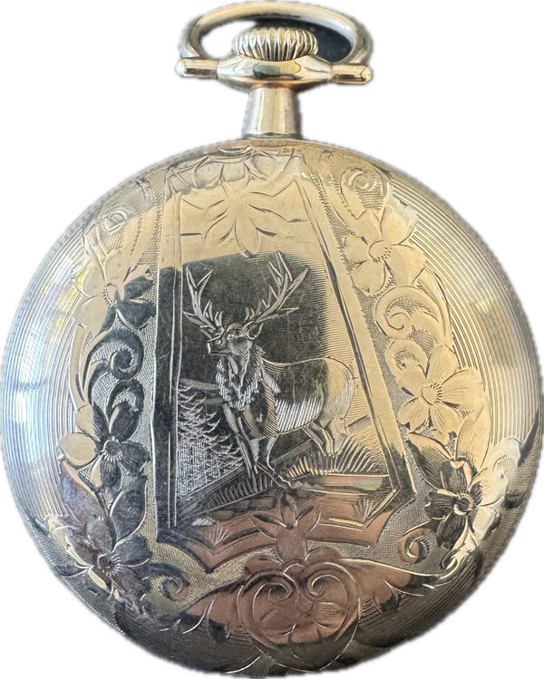 Antique 18s 1906 Ball 17 Jewel Railroad Pocket Watch 999H 10k GF Fancy Stag