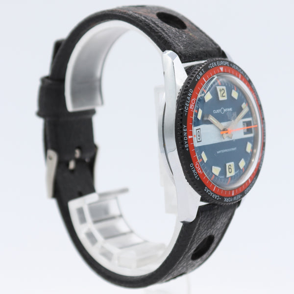 Vintage CustOmtime World Time Men's Wristwatch Swiss Chrome Plated Diver Style