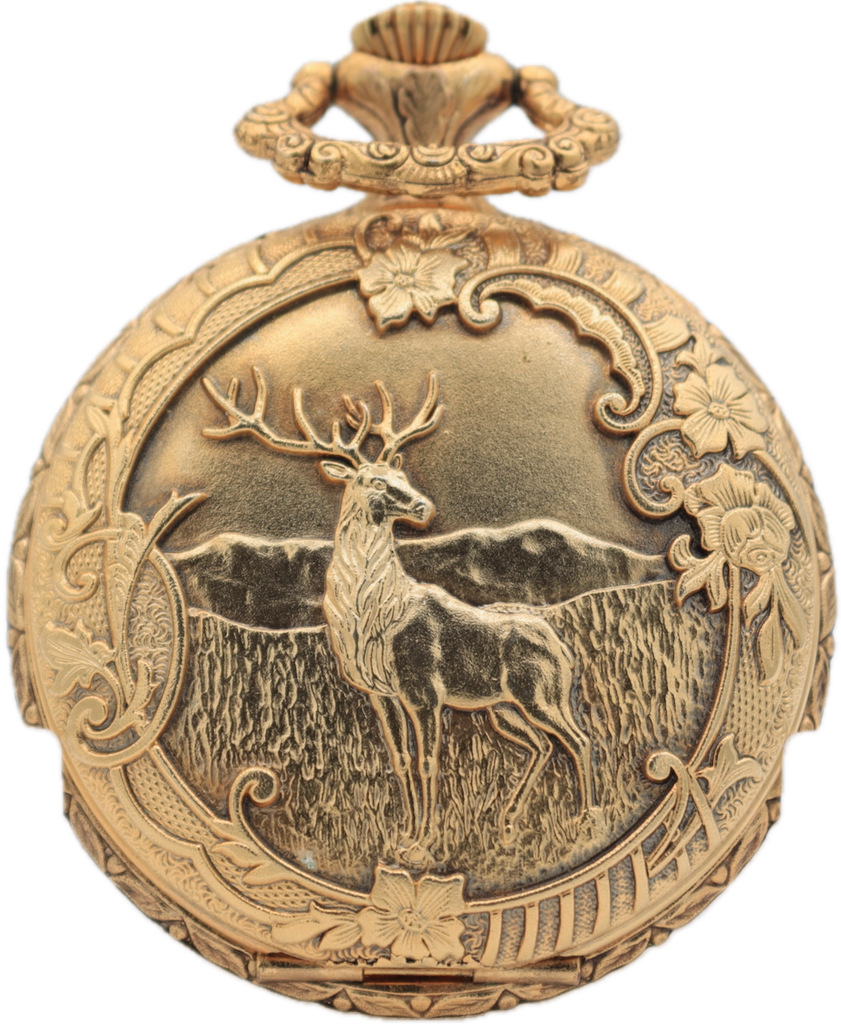 Antique 48mm Majestime Elk & Cockatoo 17 Jewel Hunter Pocket Watch Gold Tone