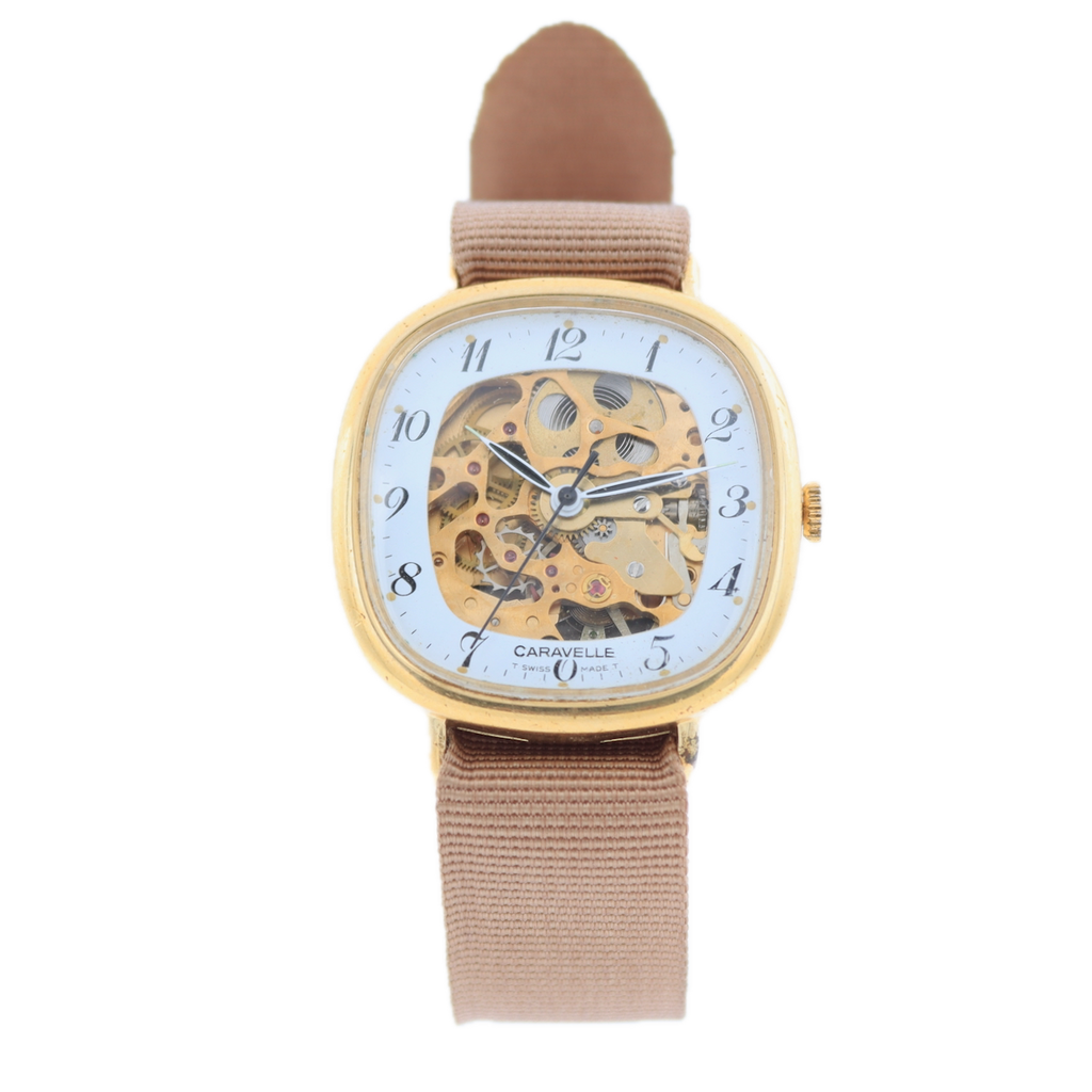 Vintage Caravelle Skeleton Dial Men's Mechanical Wristwatch Swiss Gold Tone 1