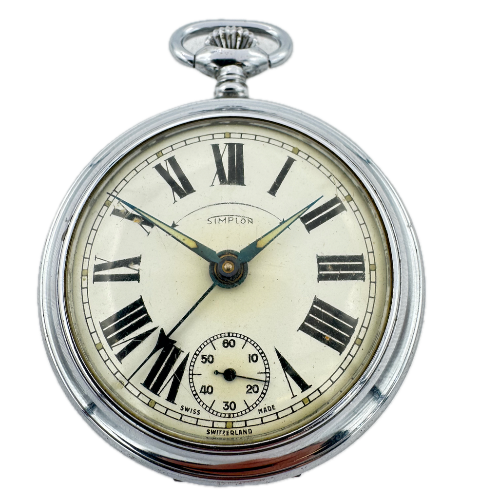 Antique 54.5mm Simplon Mechanical Alarm Pocket Watch Chrome Plated Runs