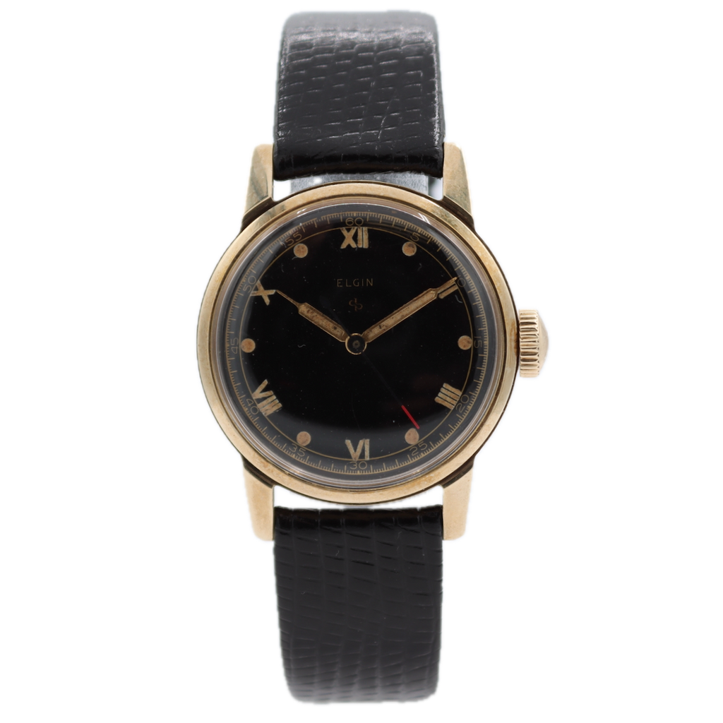 Vintage 1947 Elgin 6619 Black Men's Mechanical Wristwatch 539 10k Gold Bezel