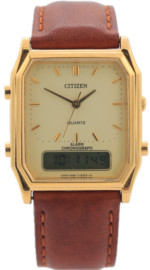 Vintage Citizen C480-314379 Ana-Digi Men's Quartz LCD Wristwatch Japan Gold Tone