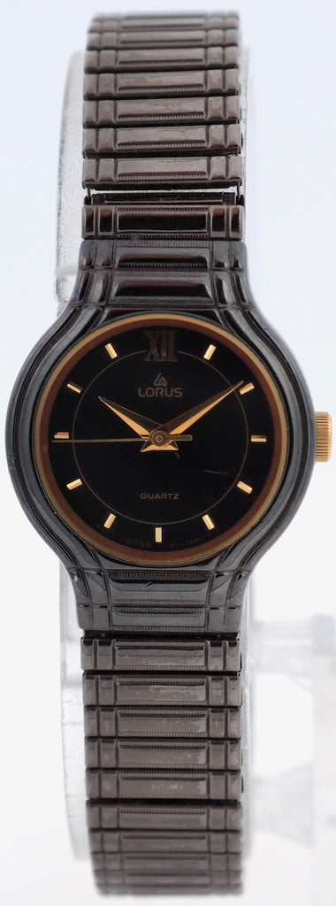 Vintage Lorus V811-1090 Black Round Ladies Quartz Wristwatch Gold Tone & PVD