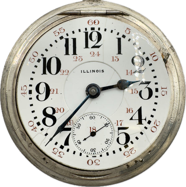 Antique 18S Illinois Canadian Dial Model 6 Railroad Pocket Watch Bunn Silver