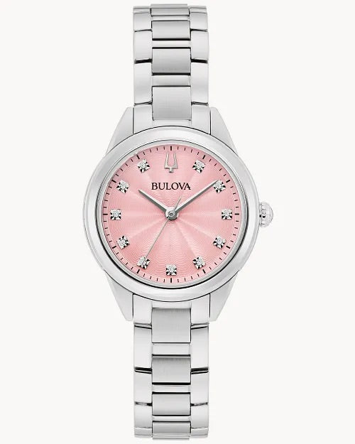 28mm Bulova 96P249 Sutton Pink Dial Ladies Quartz Wristwatch Diamond Petite