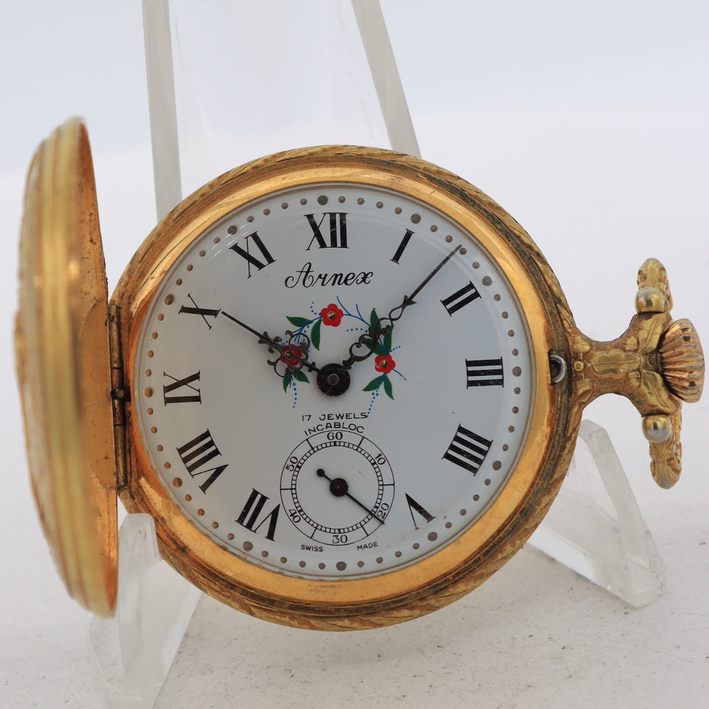 Antique Arnex Floral Hunt 17 Jewel Mechanical Hunter Pocket Watch Unitas 6498