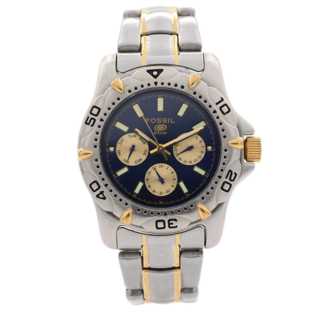 38mm Fossil BQ-9005 Blue Day Date Men's Quartz Wristwatch Japan Two Tone 10 ATM