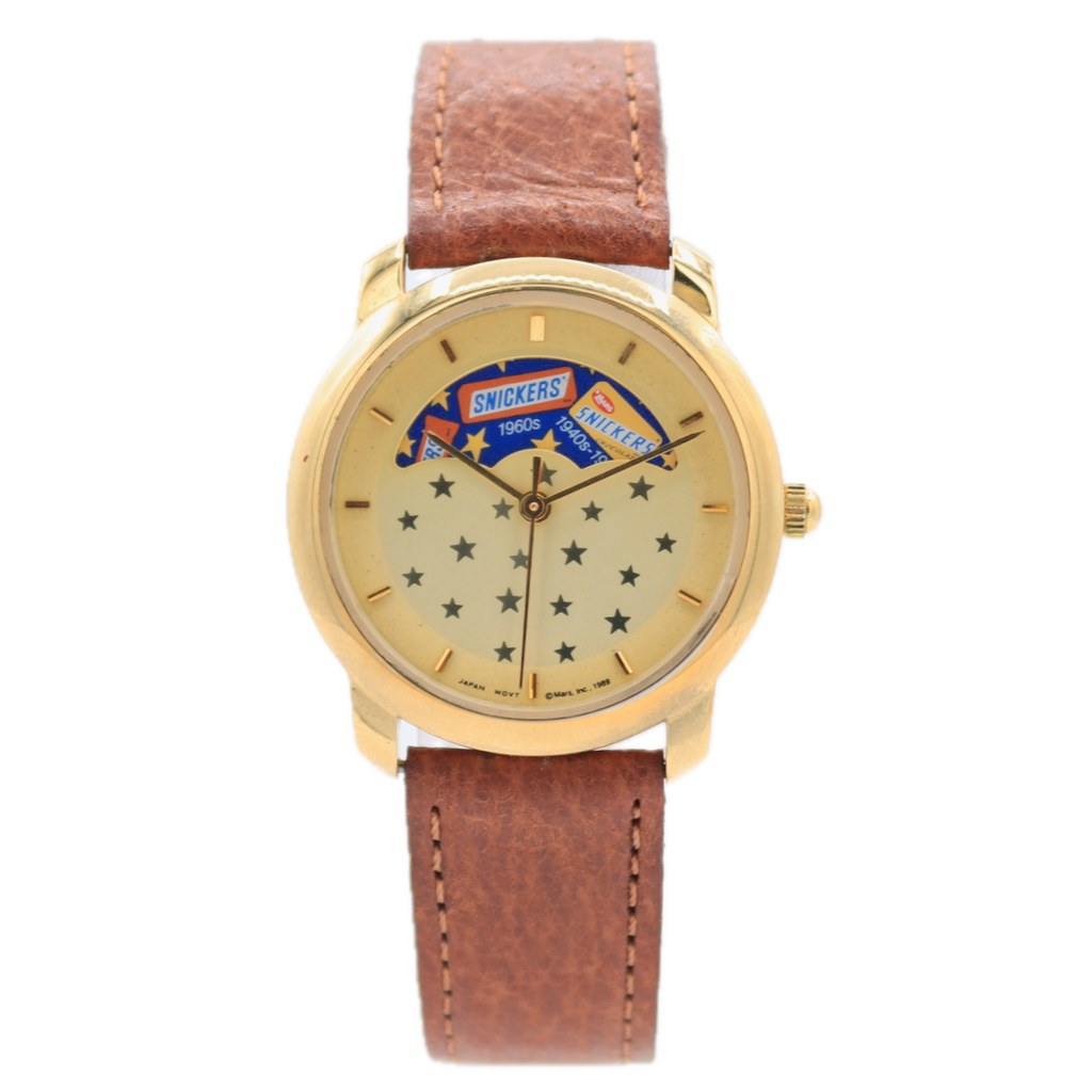 Vintage 30mm Mars Inc. Snickers Moonphase Unisex Quartz Wristwatch Gold Tone