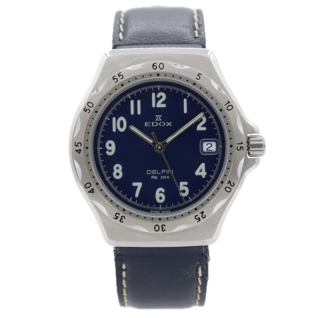 37mm Edox 70080 Delfin 200M Date Men's Quartz Wristwatch Swiss Steel Blue Dial