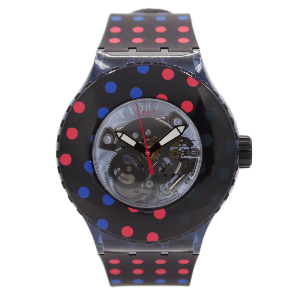 44mm Swatch Transparent Dial Unisex Quartz Wristwatch Swiss Made Polka Dots
