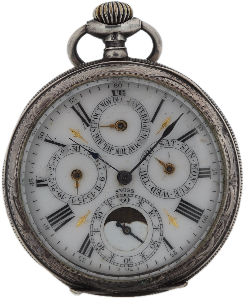 Antique JH Hasler Triple Date Moon Phase Pocket Watch Sterling Silver Swiss