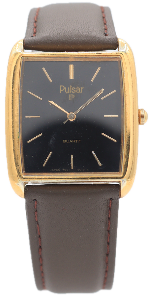 Vintage Pulsar Y551-5019 Black Dial Tank Men's Quartz Wristwatch Japan Gold Tone