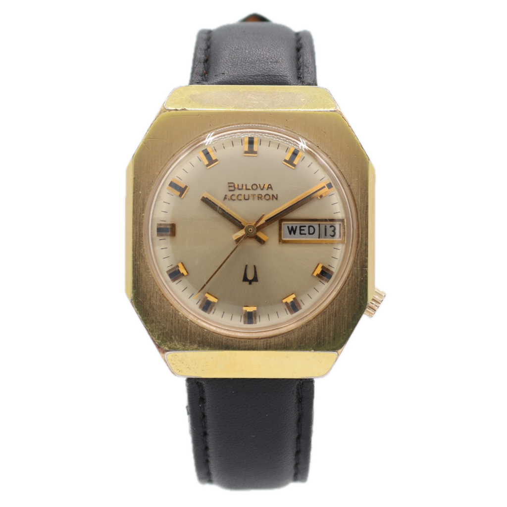 Vintage Bulova Sunburst Day Date Men's Tuning Fork Wristwatch 218 2 10k RGP