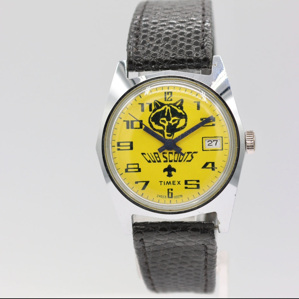 Vintage 30mm Timex Cub Scouts Logo Yellow Dial Men's Mechanical Wristwatch