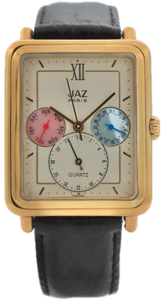 Vintage Jaz MOP Double Calendar 24 Hour Men's Quartz Wristwatch France Gold Tone