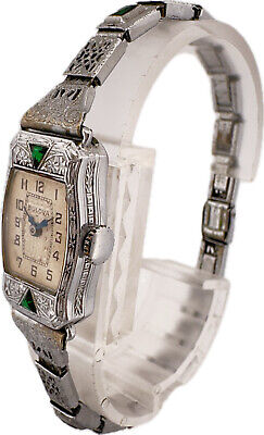Vintage Bulova Jeweled w Filigree Band Ladies Wristwatch 14k White Gold Filled