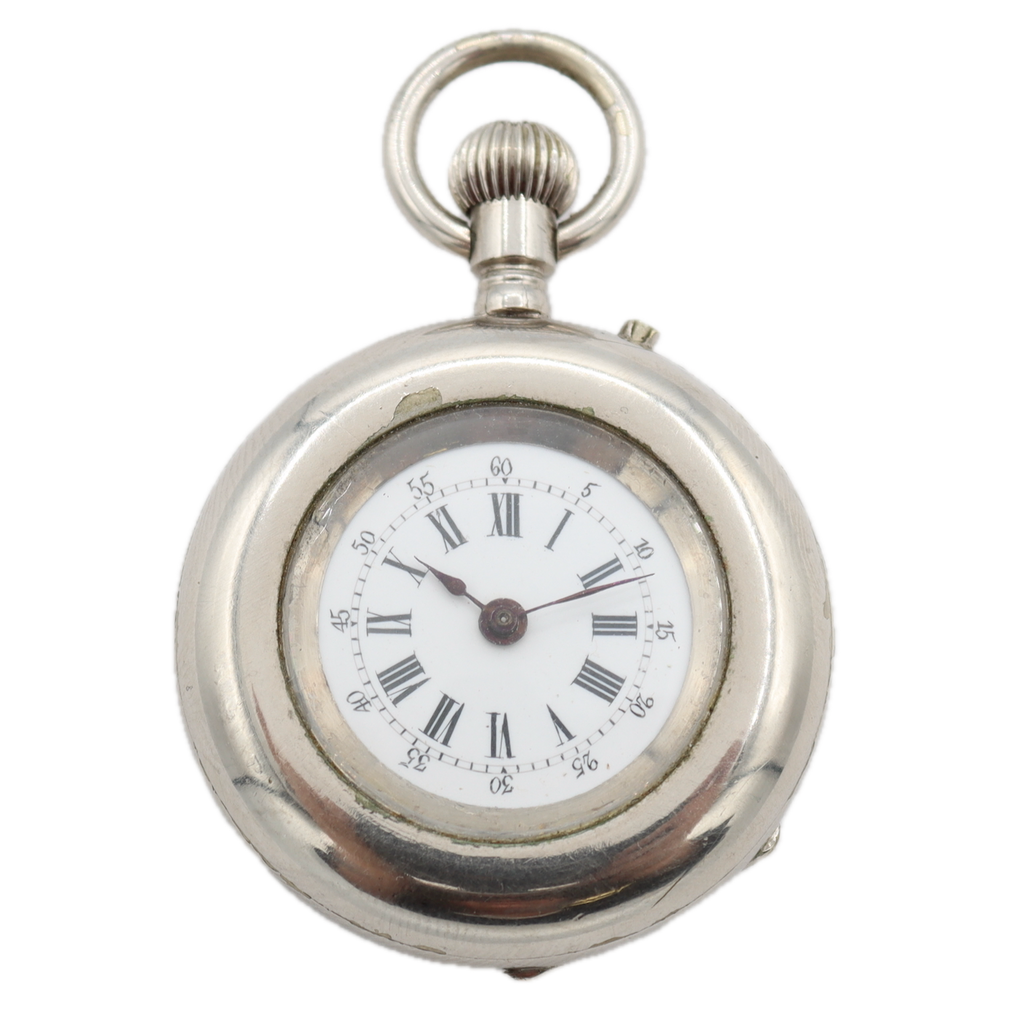 Antique 33mm Unbranded Button Set Mechanical Pocket Watch Chrome Plated Swiss