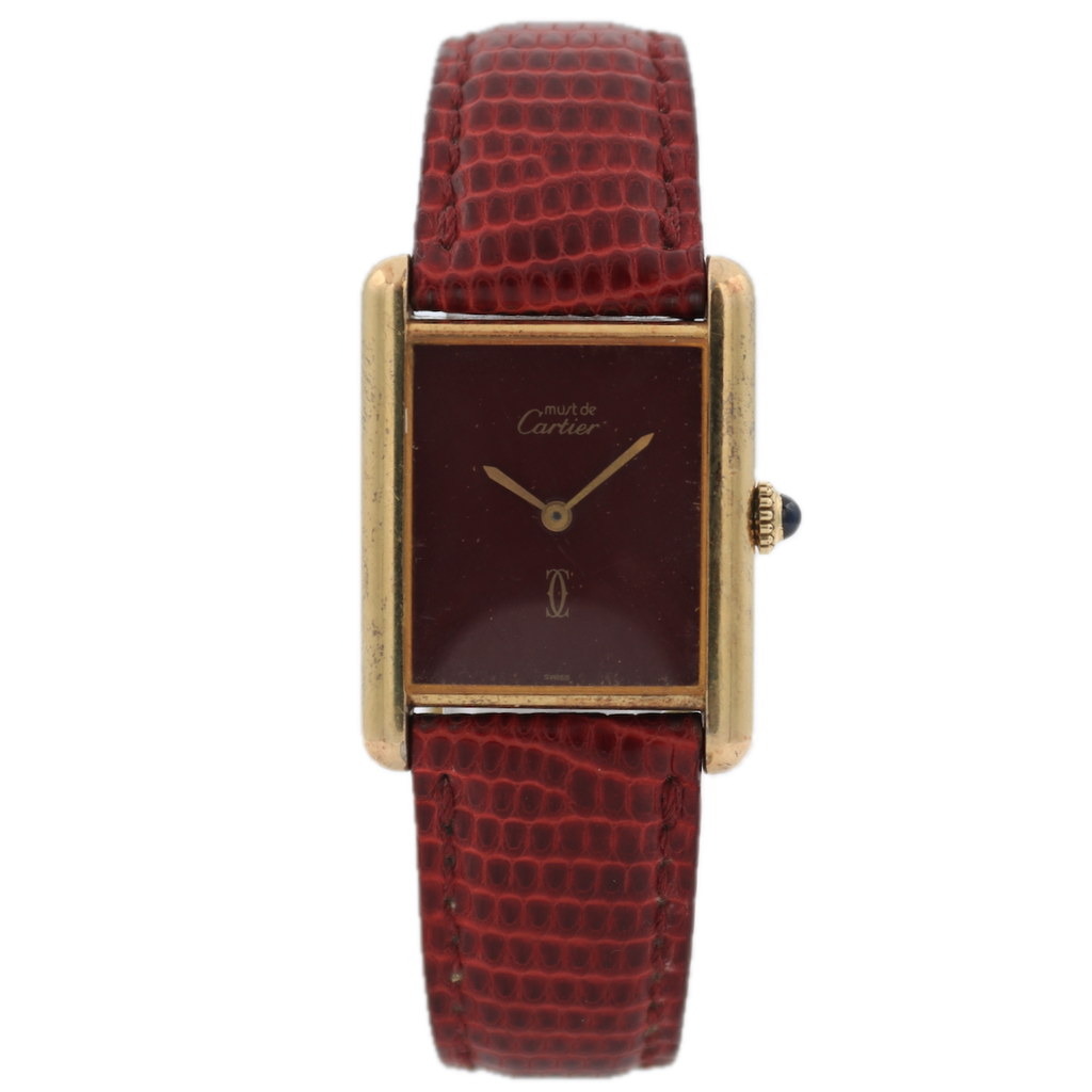 Vintage Cartier Tank Must Men's Mechanical Wristwatch Gold Plated Burgundy