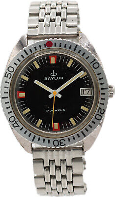 Vintage 36mm Baylor Diver Style 17J Men Wristwatch AS 1951 Swiss Steel Red&Black